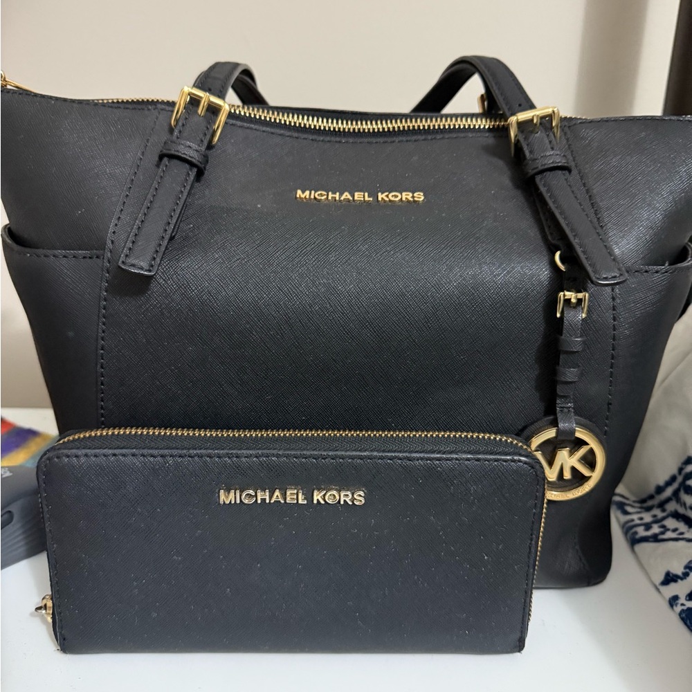 Authentic Michael Kors Black Tote with matching wallet